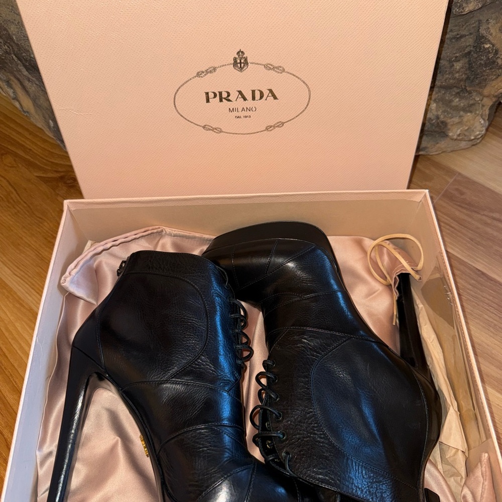 Prada Black Leather Lace-Up Stiletto Ankle Boots - Picture 1 of 6